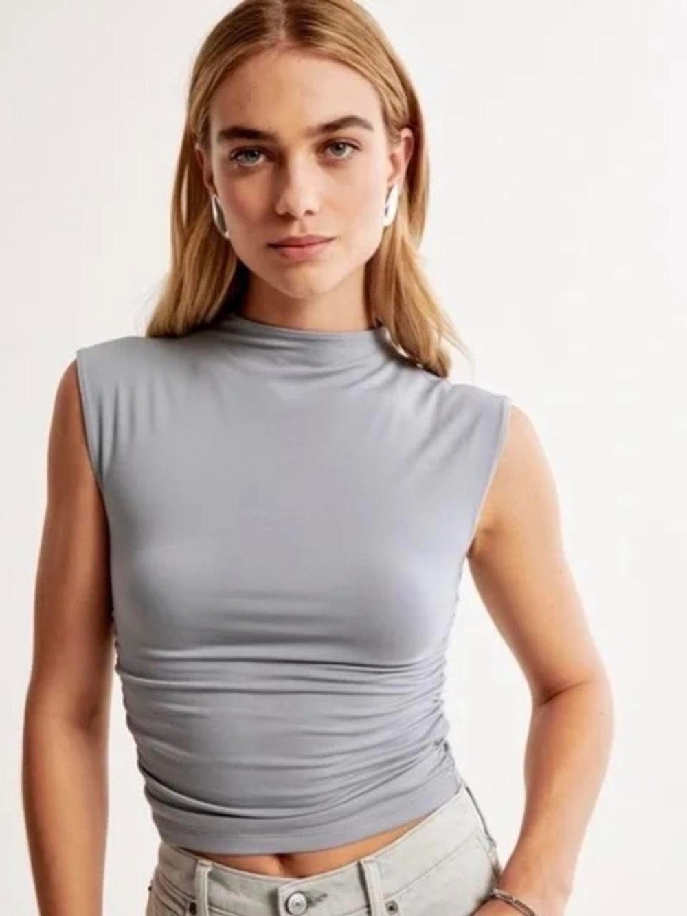 Abercrombie Paloma Mock Neck Ruched Tank Top Blue Gray